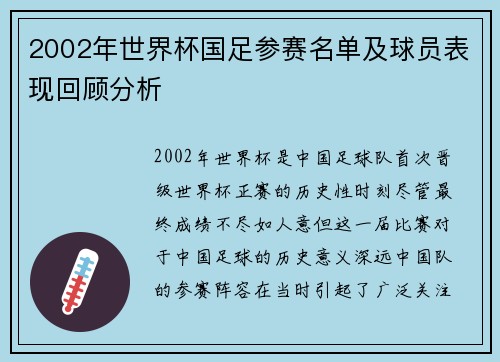 2002年世界杯国足参赛名单及球员表现回顾分析 2002年世界杯国足参赛名单及球员表现回顾分析