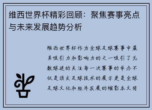 维西世界杯精彩回顾：聚焦赛事亮点与未来发展趋势分析